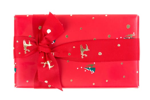 Red gift box with ribbon and bow isolated on the white background