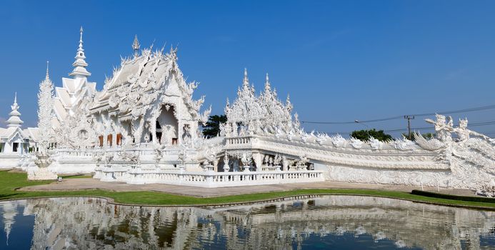 Panorama magnificently grand white temple, Rong Khun temple, Chiang Rai province, northern Thailand