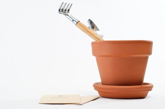 A terracotta plant pot containing houseplant tools, with seed packets laid flat beside it.  Copy space to left.