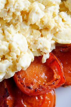 Close up (macro) of scrambled eggs and charred fried tomatoes on a white plate.