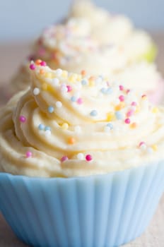 Close up of cup cakes in a row, decorated with swirls of buttercream icing and coloured spherical sprinkles, in pastel coloured cases.