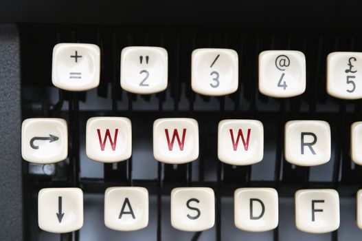 Close up of old manual typewriter keys with three displaying WWW in red to illustrate old technology meets new, Web authoring, blogging etc.