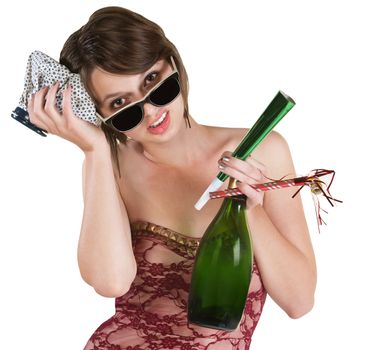 Young women with party favors and ice pack on head