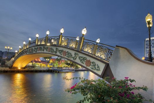 Kampung Morten Bridge Over Melaka River in Malacca Malaysia Waterfront at Blue Hour