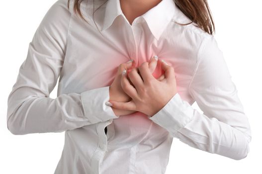 Woman having a pain in the heart area, isolated in white, red circle around painful area