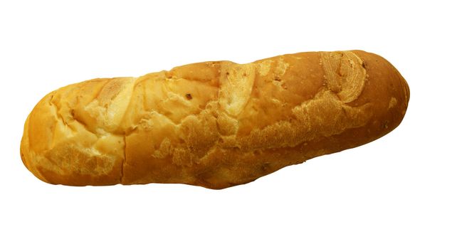 Long loaf of bread on white background is insulated