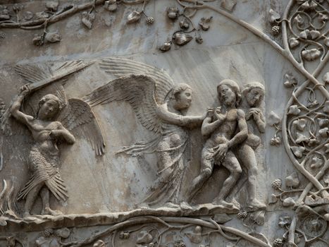 Orvieto - Duomo facade. The first pillar: scenes from Genesis. Adam and Eve driven out of Paradise
