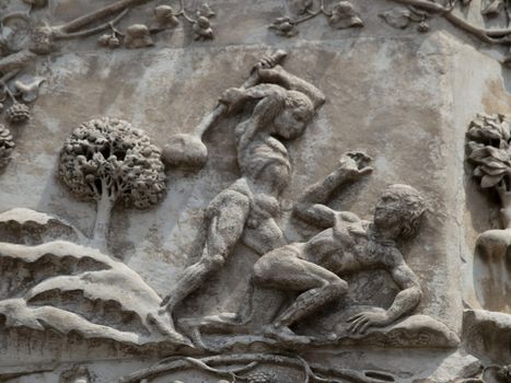 Orvieto - Duomo facade. The first pillar: scenes from Genesis.Kaim kills Abel