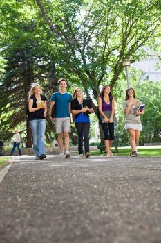 Group of happy young students walking to college