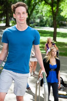 College student outdoors on way to class