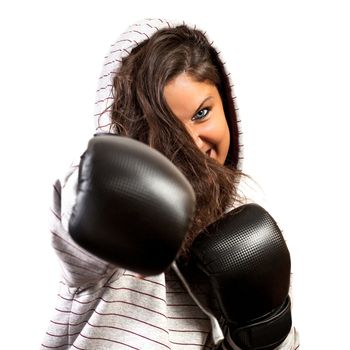 Portrait of a woman with boxing, isolated on white background