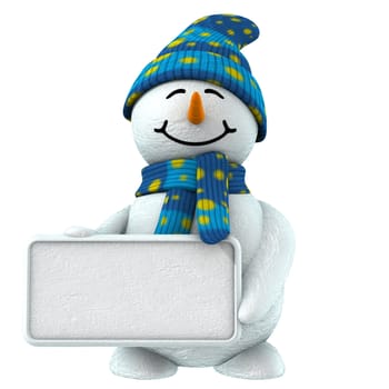 3d cute snowman that keep blank sign to put your word or logo