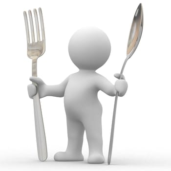 3d cute people very hungry with big spoon and fork