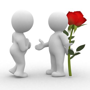 3d cute human make a surprise with a rose