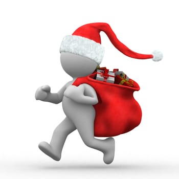 3d santa claus run with a sack with gifts