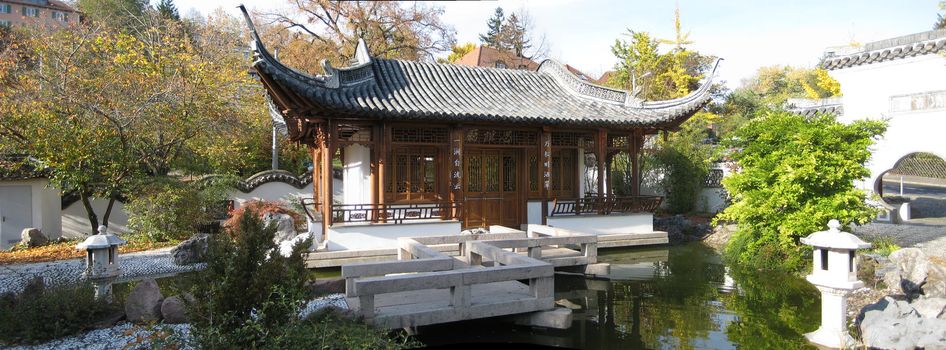 panorama scene of a typical chinese garden with tempel house