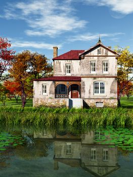 This image shows a old house at sea