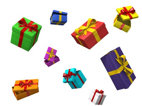 3d multi color gift boxes fall in white background