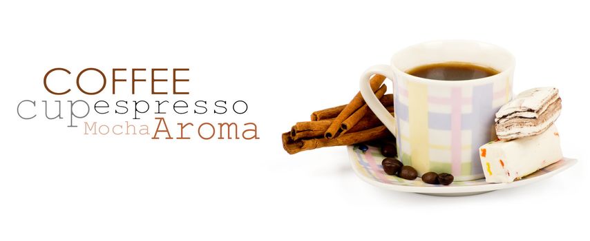 Coffee cup with sweets an cinnamon on white background