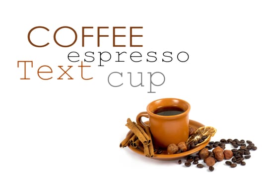 Cup of coffee with ingredients on a white background