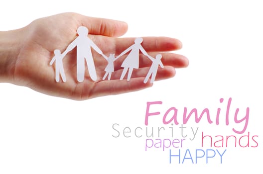 Paper family in hands isolated on white background