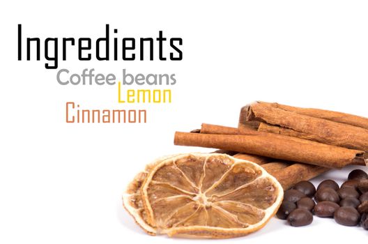 cinnamon, lemon and coffee beans isolated on white