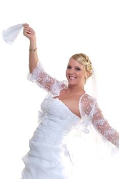 Young smiling bride on isolated white background holding napkin