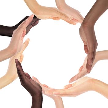 Conceptual symbol of multiracial human hands making a circle on white background with a copy space in the middle
