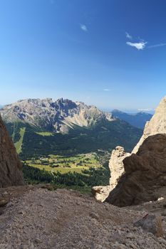 summer landscape of Costalunga pass and Latemar mount from Vaiolon pass, Trentino Alto Adige, Italy