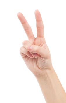 Hand with two fingers up in the peace or victory symbol. Also the sign for the letter V in sign language. Isolated on white.
