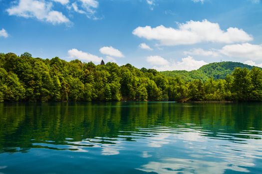 Forest and clouds with reflection in a calm lake