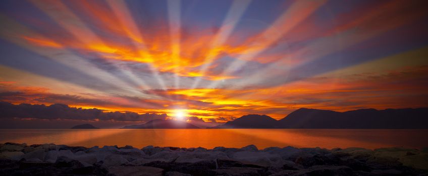 Sunset over the Gulf of La Spezia Liguria Italy, in the background Portovenere, Palmaria Island and Tino