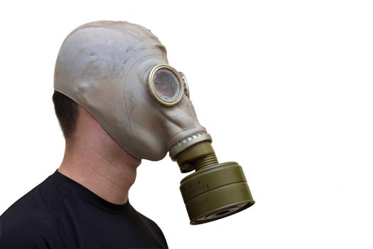 Man with old style gas mask isolated on white background, side view