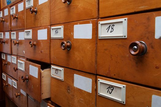 Wooden archive drawers, side view