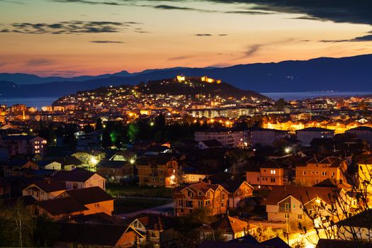 Night view of the city of Ohrid and the Samuil's fortress, Macedonia