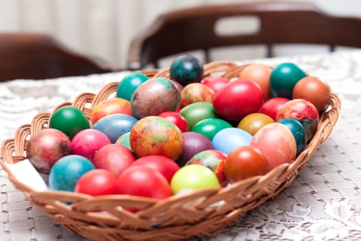 Colorful Easter eggs indoors, horizontal shot