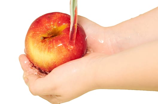 Apple in children's hands under running water