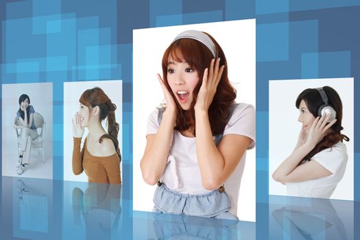 Asian young woman picture with happy, cheerful,surprised expression. Concept about tv , collection, gallery, lifestyle etc.
