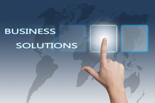 Business Solutions concept Illustration on blue-white Background with world map