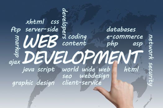 Web Development concept Illustration on blue-white world map background