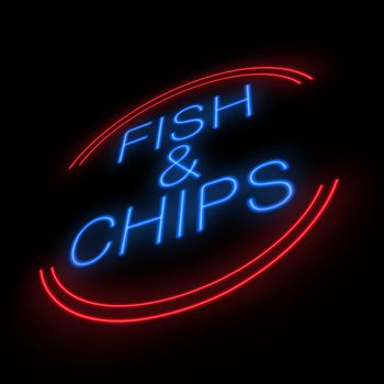 Illustration depicting an illuminated neon fish and chip sign with black background.