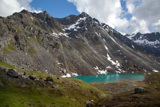 Alpine lake at base of rugged mountain