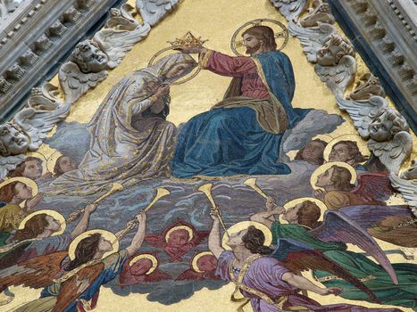 Siena - Duomo facade.The large central mosaic, the Coronation of the Virgin, is the work of Luigi Mussini