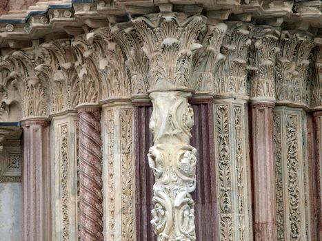 Architectural details of Duomo facade - Siena,Tuscany,Italy. The Duomo of Siena, which was built in the 12th and 13th centuries, is one of the prettiest churches in Gothic style in Italy