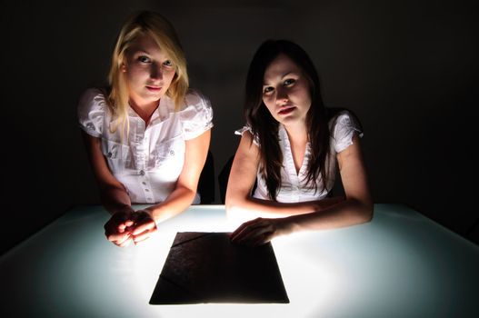 Conceptual photo of crime scene investigation with two girls