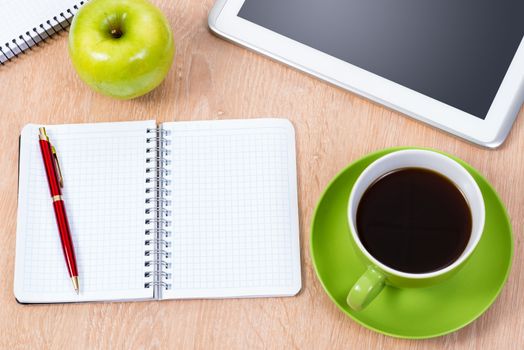 pen, coffee, notepad and tablet, workplace businessman