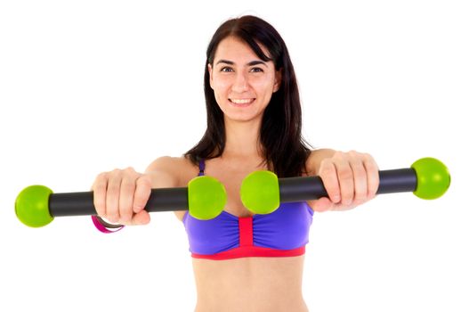 Young fitness instructor against white background