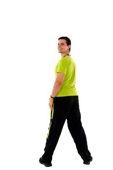 Young fitness instructor on white isolated background