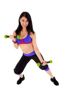 Young female fitness instructor on white isolated background