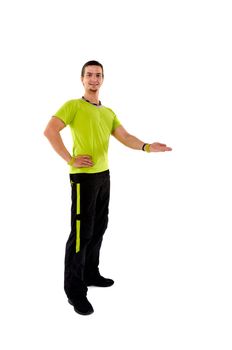 Young fitness instructor on white isolated background